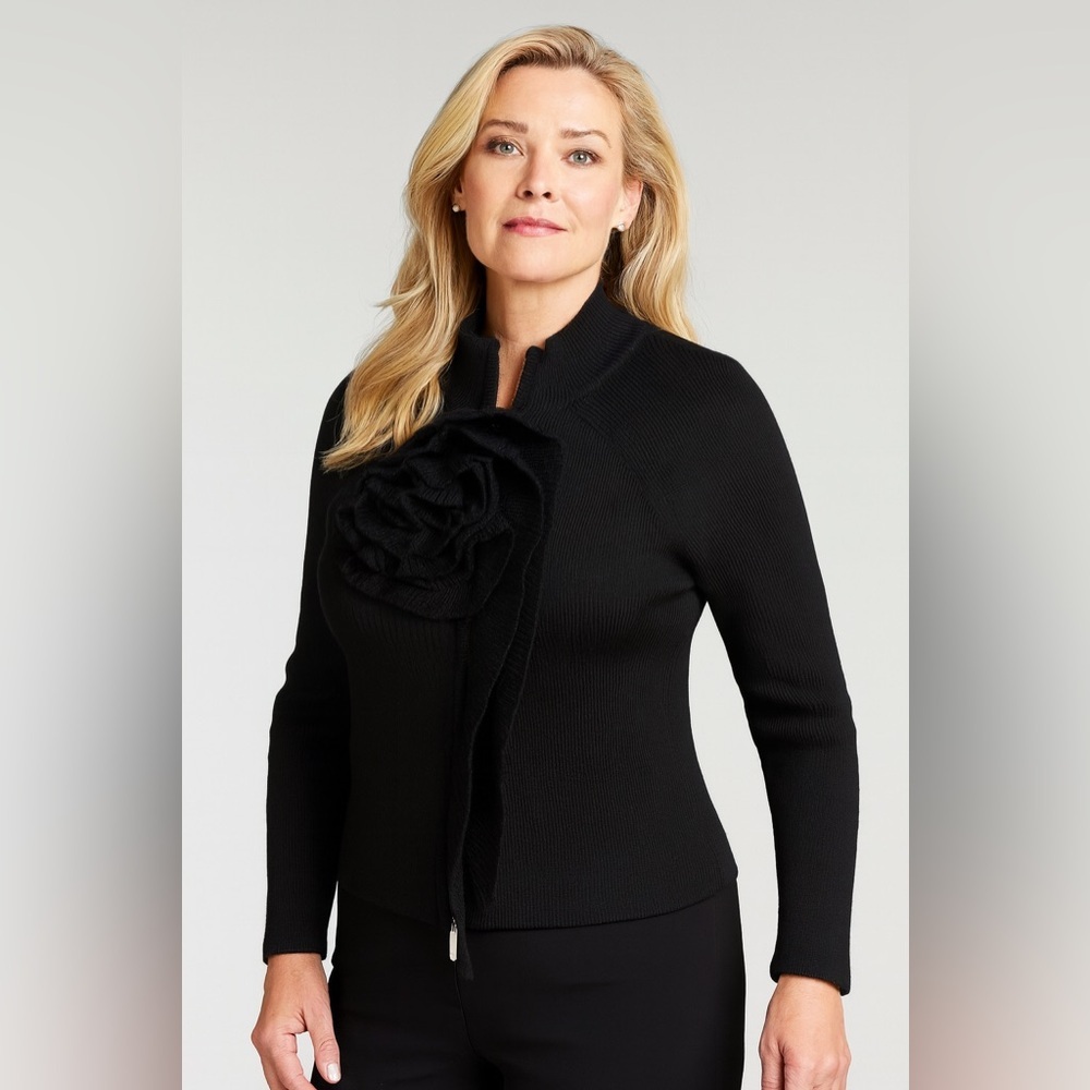 Jerry Lewis Classic Luxuries Wool Blend Sweater Sz M Full Zip Rosette Accent